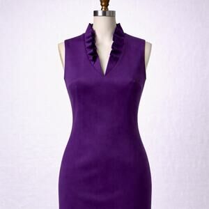 Calvin Klein Purple Sheath Dress Women’s Size 6 Ruffle Neck Zip Front Career R12